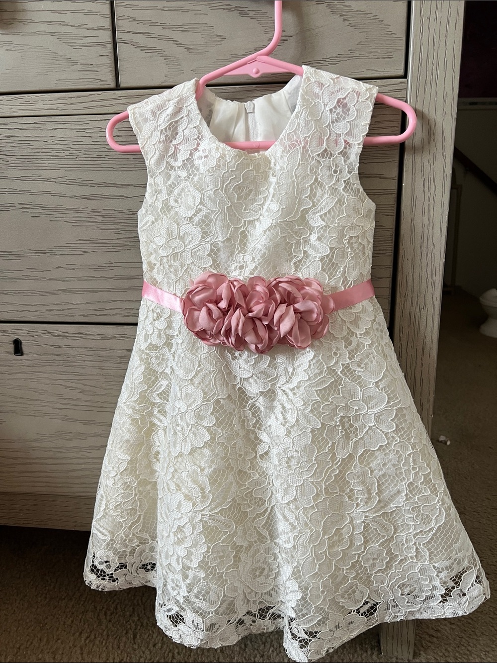 Bonnie Jean White Lace Dress with Pink Flower Sash